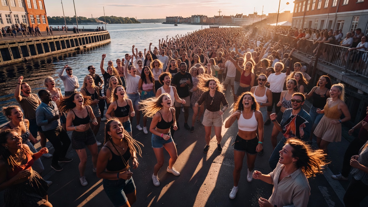 Copenhagen Distortion festival crowd dancing by the water