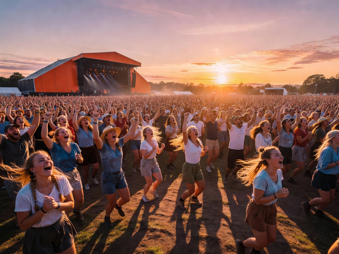 Roskilde Orange Stage crowd celebrating Nordic summer sunset